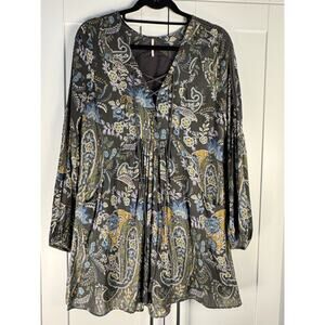 Free People Paisley Lace Up Boho Tunic Dress Crochet Shoulder Mini Peasant Small